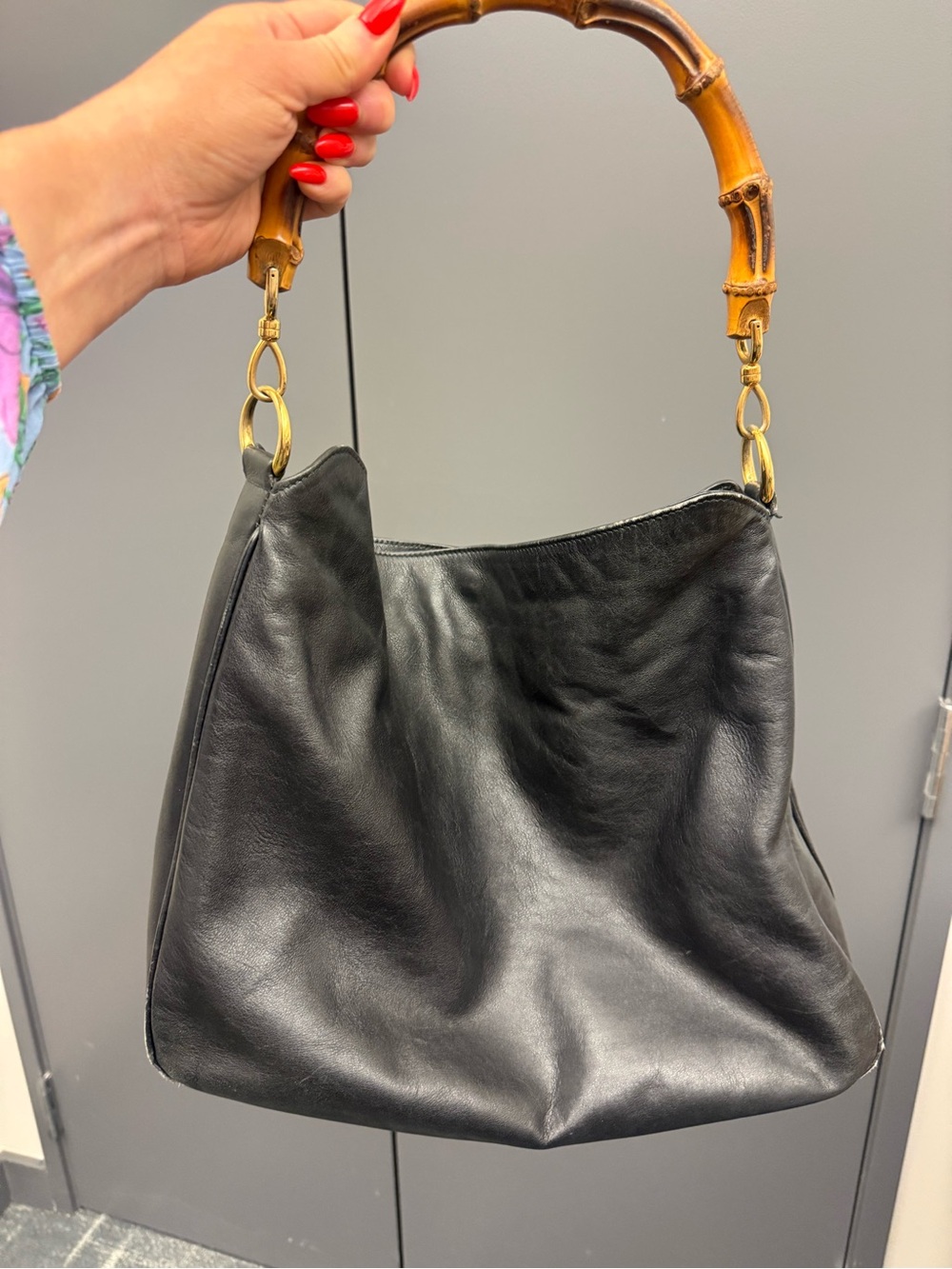 Vintage Gucci Classic Black Leather Hobo Bag with Bamboo Handle